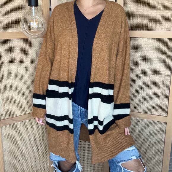 Impeccable pig color block neutral cardigan large Brown long - Picture 1 of 6